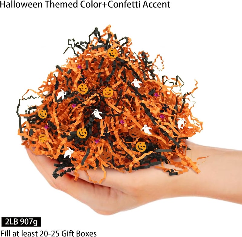 TORONTOKYO 2LB Halloween Black Orange Crinkle Cut Paper with Pumpkin Bat Ghost Witch Star Confetti, Raffia Paper Shredded Paper Filler for Gift Wrapping Craft DIY Basket Filling Party Decoration - Image 2
